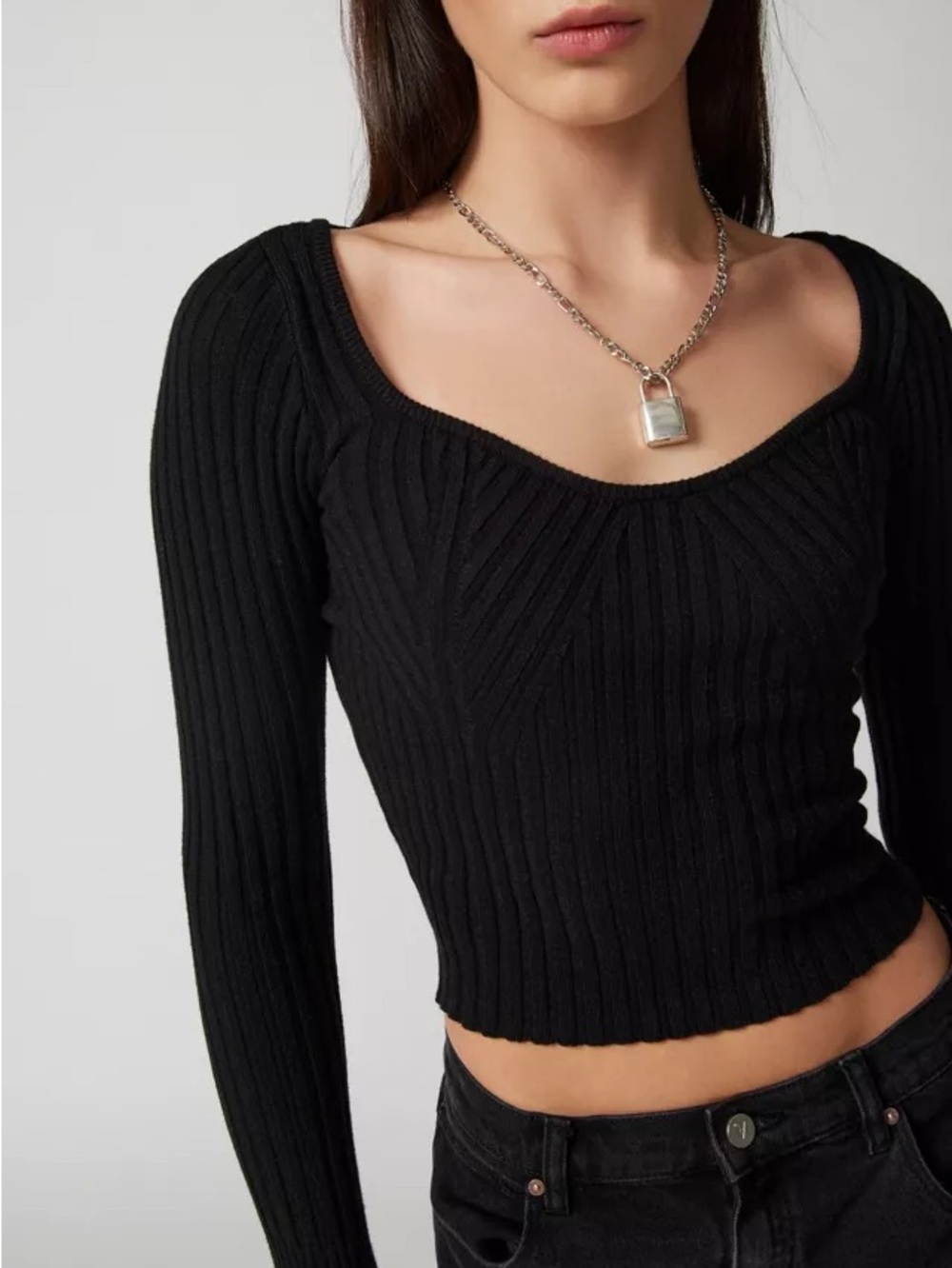 Urban Outfitters Black Ribbed Long Sleeve Cropped Top Sweetheart Neckline